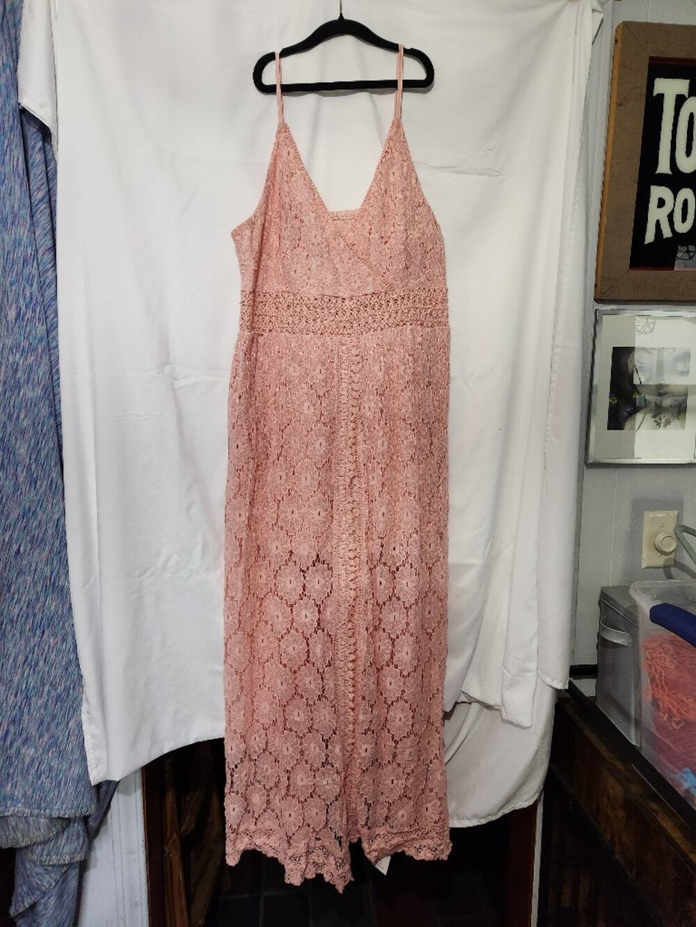 NWT CUPSHE Lace Maxi Jumpsuit Blush Pink High Low Crochet Waist - XL